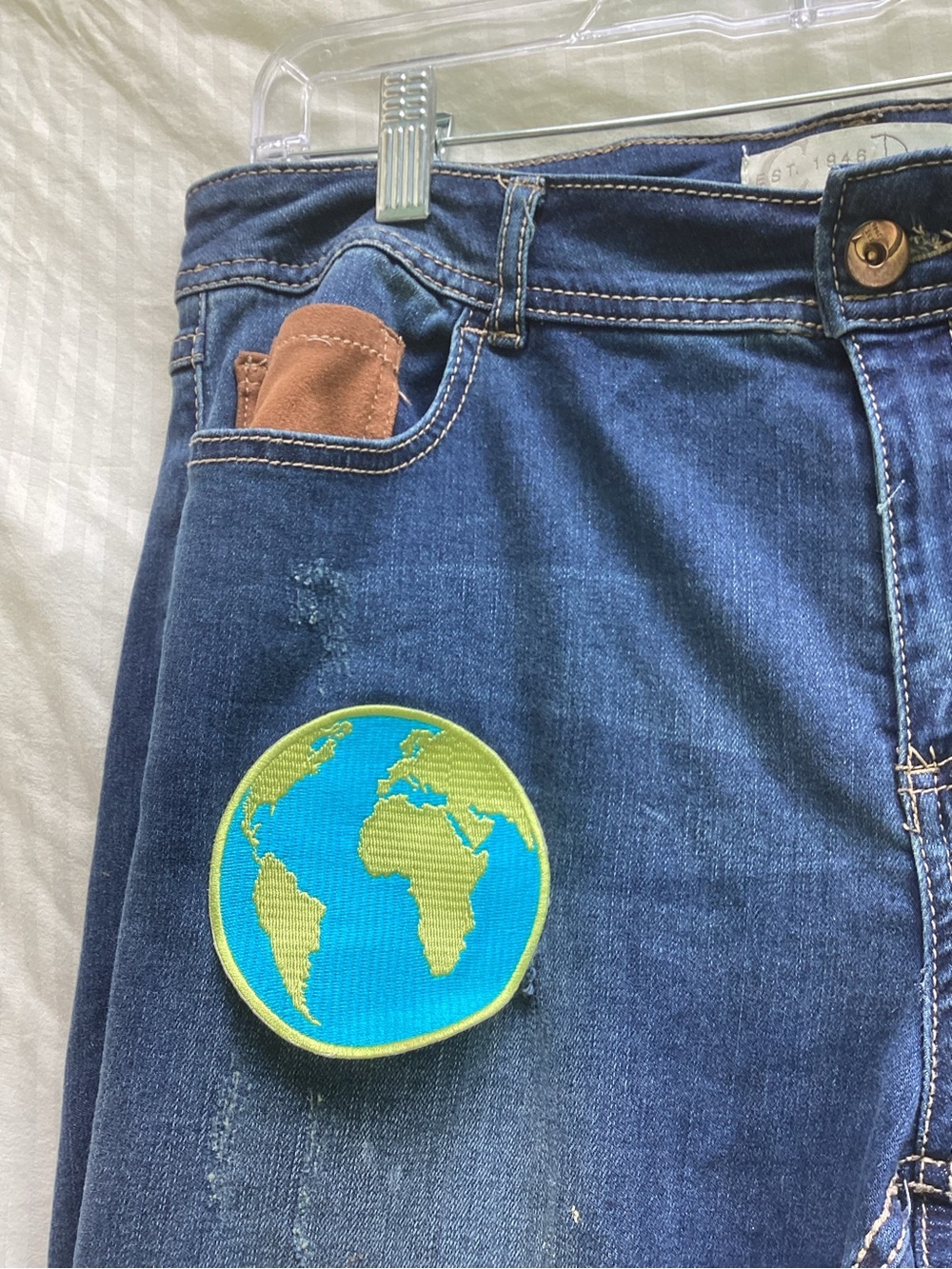 Est. 1946 Dark Blue Flared Patchwork Jeans with Embroidered Patches, size 12 - Picture 4 of 7